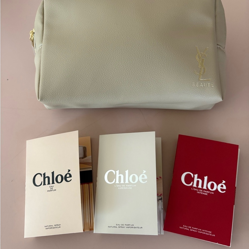 Yves Saint Laurent Beaute Cream Cosmetic Pouch with 3 Chloe Perfume samples